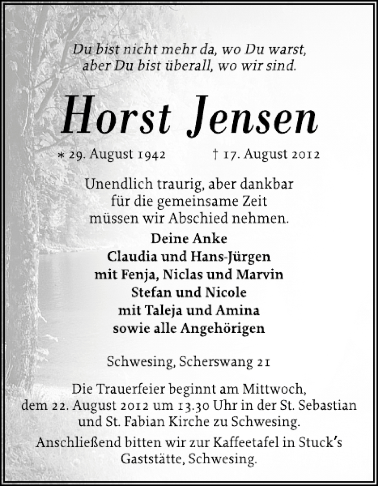 Traueranzeige für Horst Jensen vom 20.08.2012 aus Husumer Nachrichten