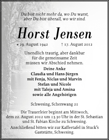 Traueranzeige von Horst Jensen von Husumer Nachrichten