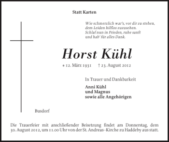 Traueranzeige von Horst Kühl von Schleswiger Nachrichten