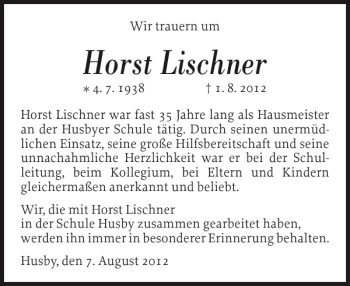 Traueranzeige von Horst Lischner von Flensburger Tageblatt