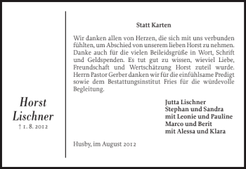 Traueranzeige von Horst Lischner von Flensburger Tageblatt