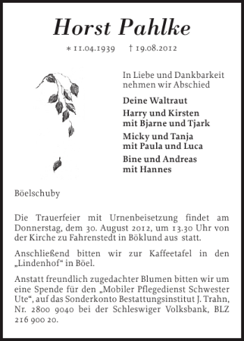 Traueranzeige von Horst Pahlke von Schleswiger Nachrichten