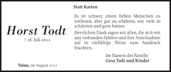 Traueranzeige von Horst Todt von Landeszeitung