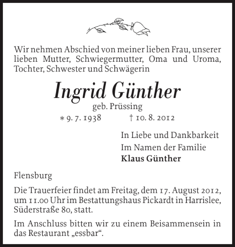  Traueranzeige für Ingrid Günther vom 14.08.2012 aus Flensburger Tageblatt