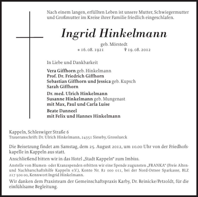  Traueranzeige für Ingrid Hinkelmann vom 22.08.2012 aus Schlei-Bote