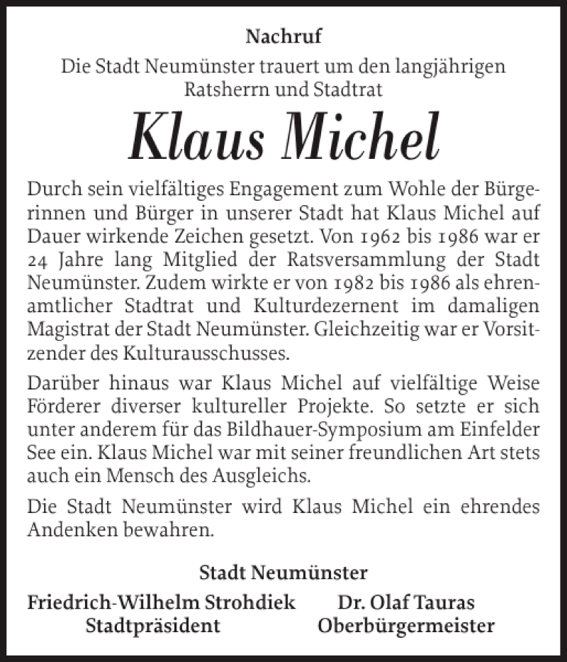  Traueranzeige für Klaus Michel vom 25.08.2012 aus Holsteinischer Courier