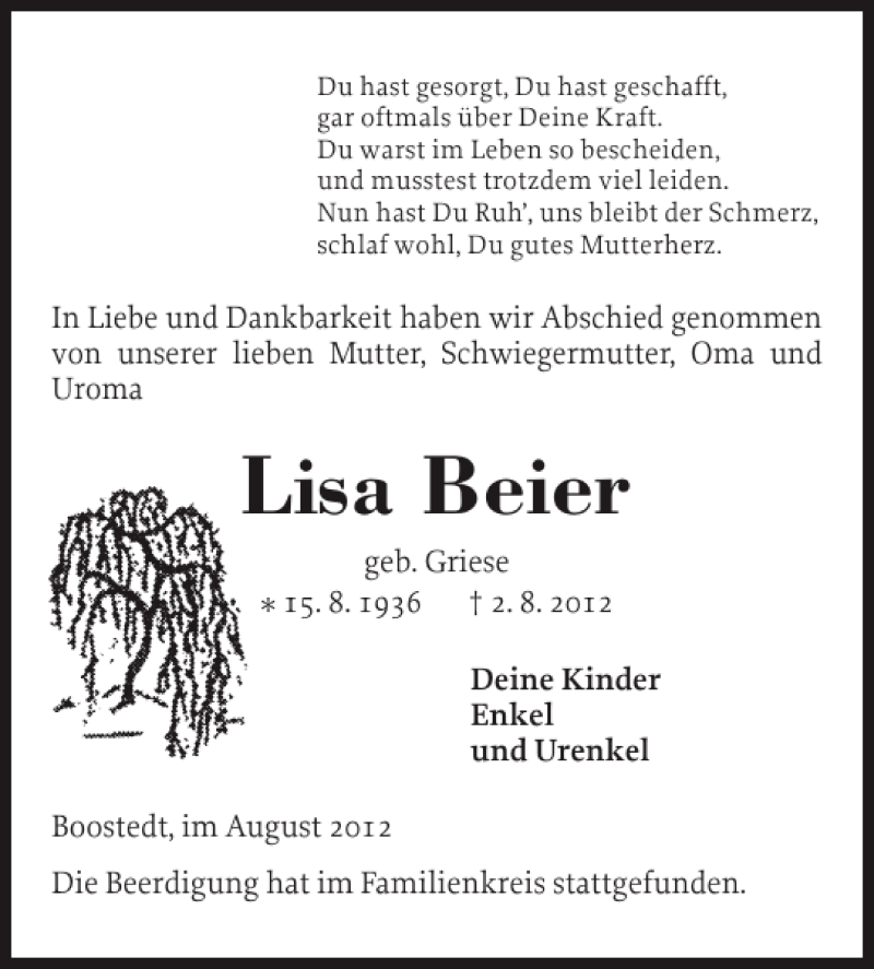  Traueranzeige für Lisa Beier vom 09.08.2012 aus Holsteinischer Courier