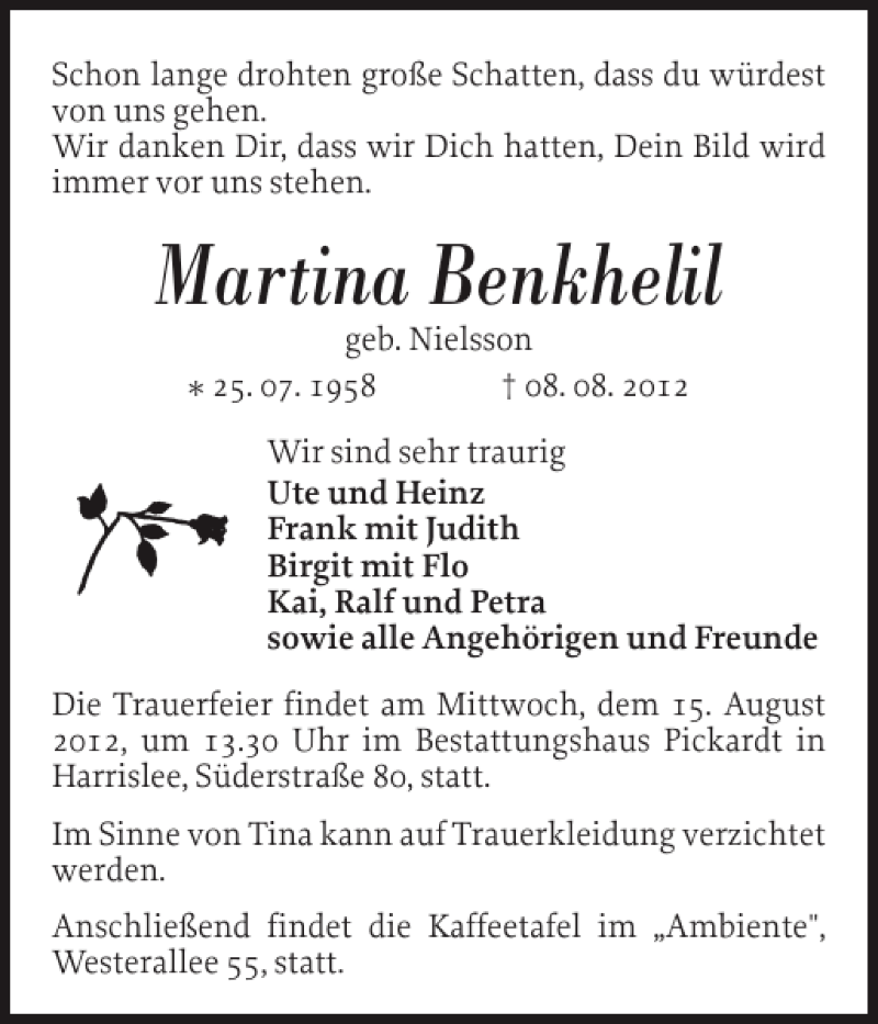  Traueranzeige für Martina Benkhelil vom 11.08.2012 aus Flensburger Tageblatt