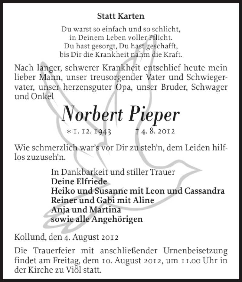  Traueranzeige für Norbert Pieper vom 07.08.2012 aus Husumer Nachrichten