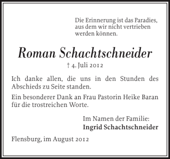 Traueranzeige von Roman Schachtschneider von Flensburger Tageblatt
