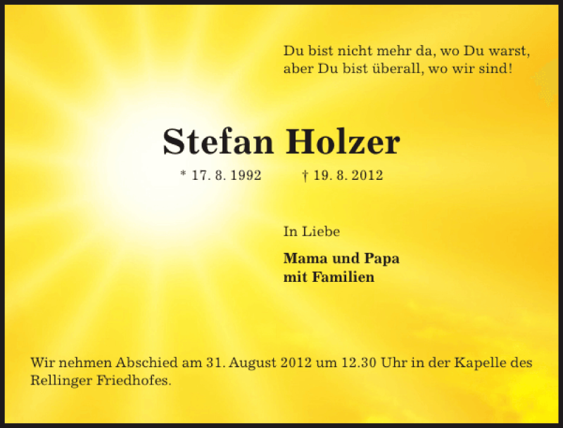  Traueranzeige für Stefan Holzer vom 25.08.2012 aus Pinneberger Tageblatt