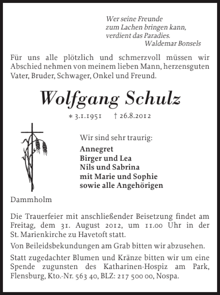  Traueranzeige für Wolfgang Schulz vom 29.08.2012 aus Flensburger Tageblatt