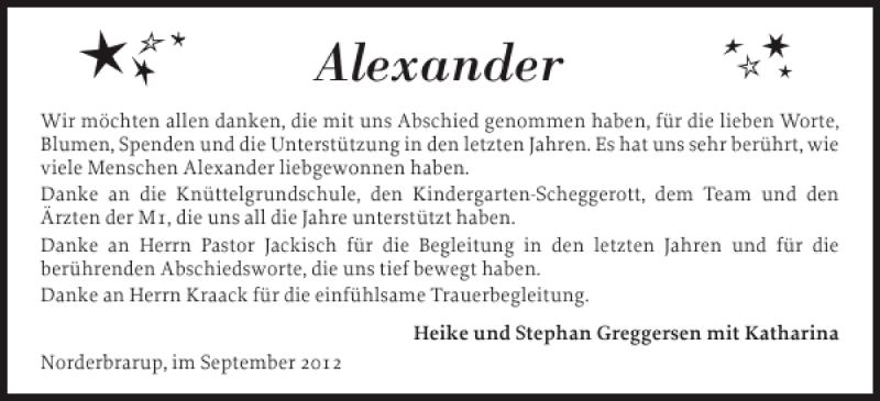 Traueranzeige für Alexander  vom 15.09.2012 aus Flensburger Tageblatt