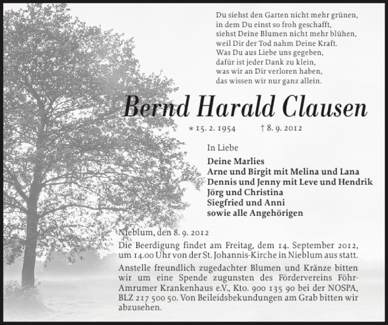  Traueranzeige für Bernd Harald Clausen vom 10.09.2012 aus Der Insel-Bote