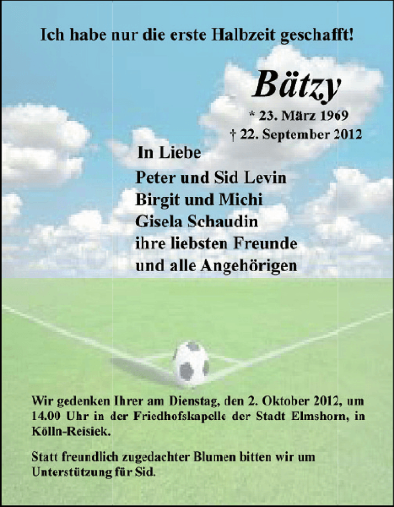  Traueranzeige für Bätzy  vom 29.09.2012 aus Elmshorner Nachrichten