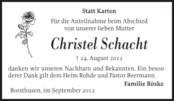 Traueranzeige von Christel Schacht von Husumer Nachrichten
