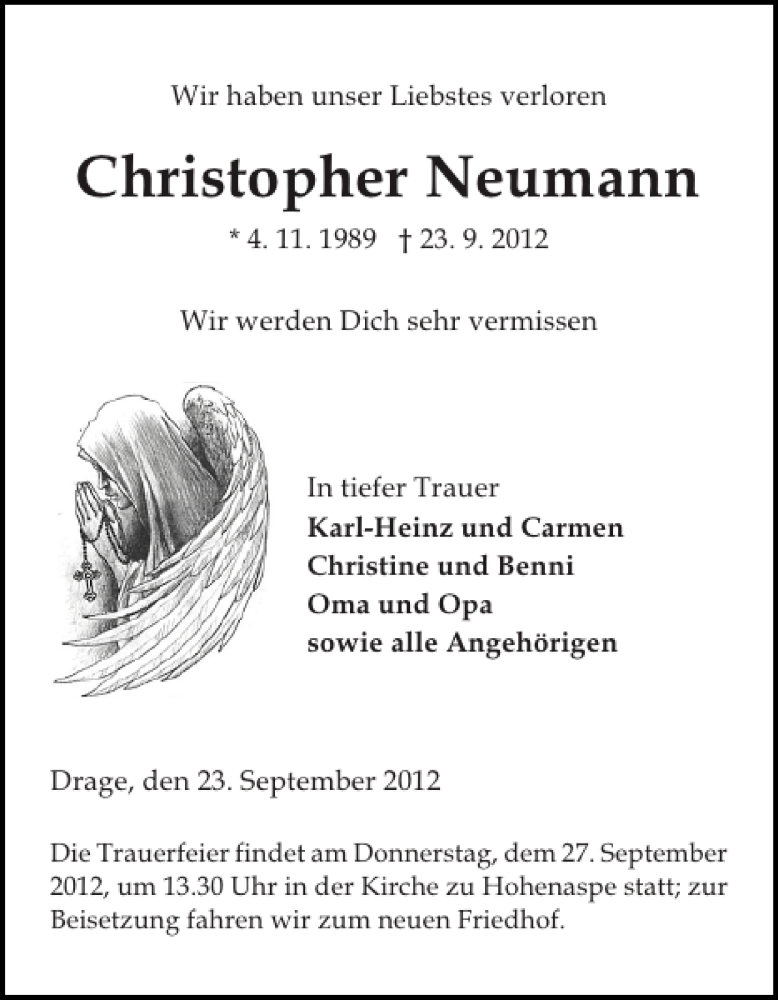  Traueranzeige für Christopher Neumann vom 25.09.2012 aus Norddeutsche Rundschau