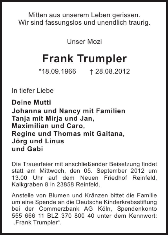  Traueranzeige für Frank Trumpler vom 01.09.2012 aus Stormarner Tageblatt