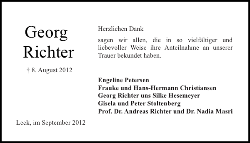  Traueranzeige für Georg Richter vom 08.09.2012 aus Flensburger Tageblatt