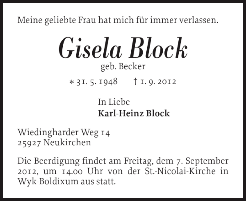  Traueranzeige für Gisela Block vom 05.09.2012 aus Der Insel-Bote