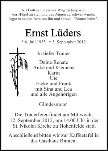 Traueranzeige von Glindesmoor  von Norddeutsche Rundschau