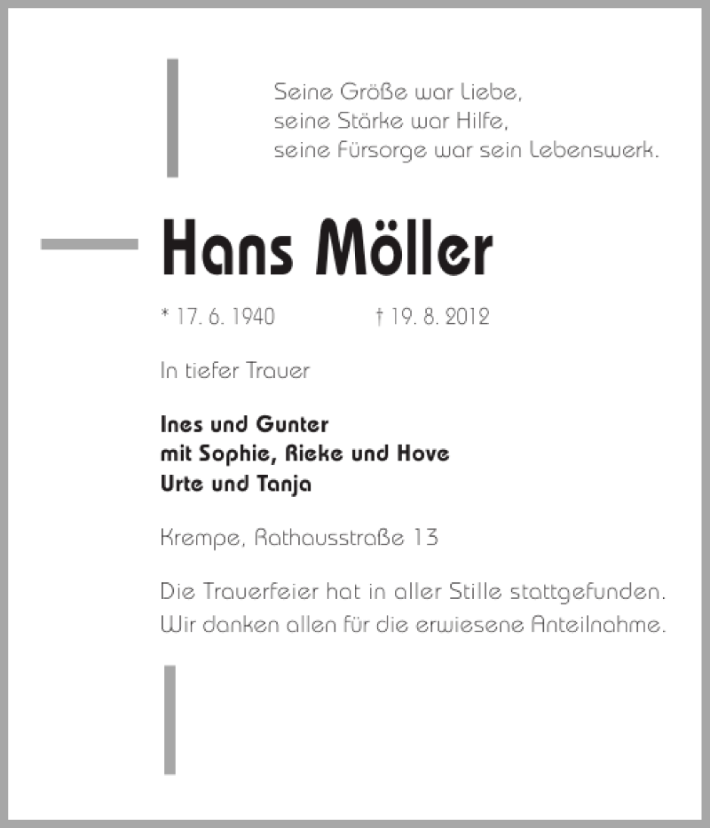  Traueranzeige für Hans Möller vom 08.09.2012 aus Norddeutsche Rundschau
