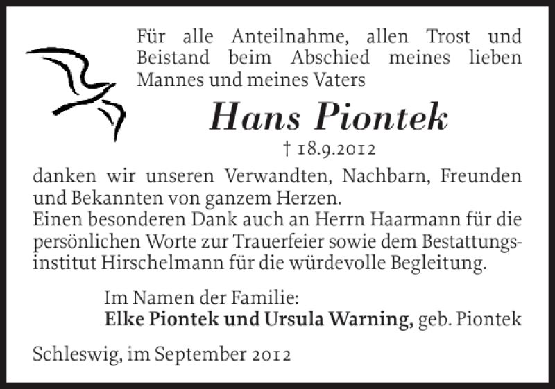  Traueranzeige für Hans Piontek vom 28.09.2012 aus Schleswiger Nachrichten