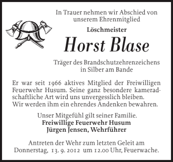 Traueranzeige von Horst Blase von Husumer Nachrichten