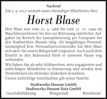 Traueranzeige von Horst Blase von Husumer Nachrichten