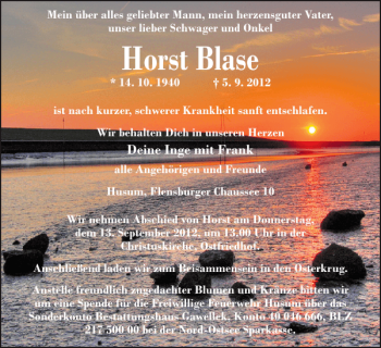 Traueranzeige von Horst Blase von Husumer Nachrichten