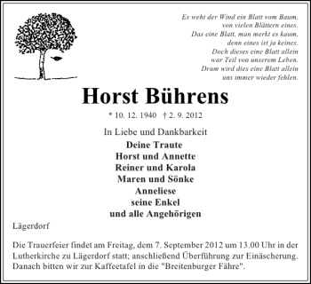 Traueranzeige von Horst Bührens von Norddeutsche Rundschau