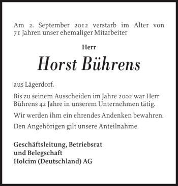 Traueranzeige von Horst Bührens von Norddeutsche Rundschau