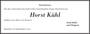 Traueranzeige von Horst Kühl von Schleswiger Nachrichten