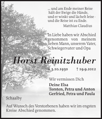 Traueranzeige von Horst Reinitzhuber von Schleswiger Nachrichten