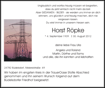 Traueranzeige von Horst Röpke von Landeszeitung
