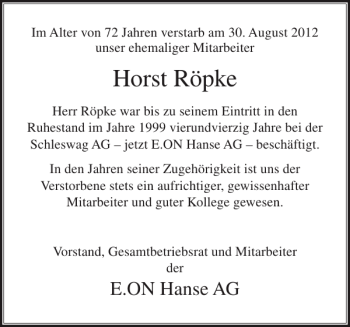 Traueranzeige von Horst Röpke von Landeszeitung