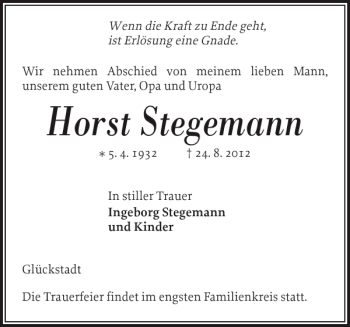 Traueranzeige von Horst Stegemann von Norddeutsche Rundschau