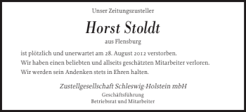 Traueranzeige von Horst Stoldt von Flensburger Tageblatt