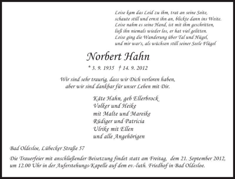  Traueranzeige für Norbert Hahn vom 17.09.2012 aus Stormarner Tageblatt