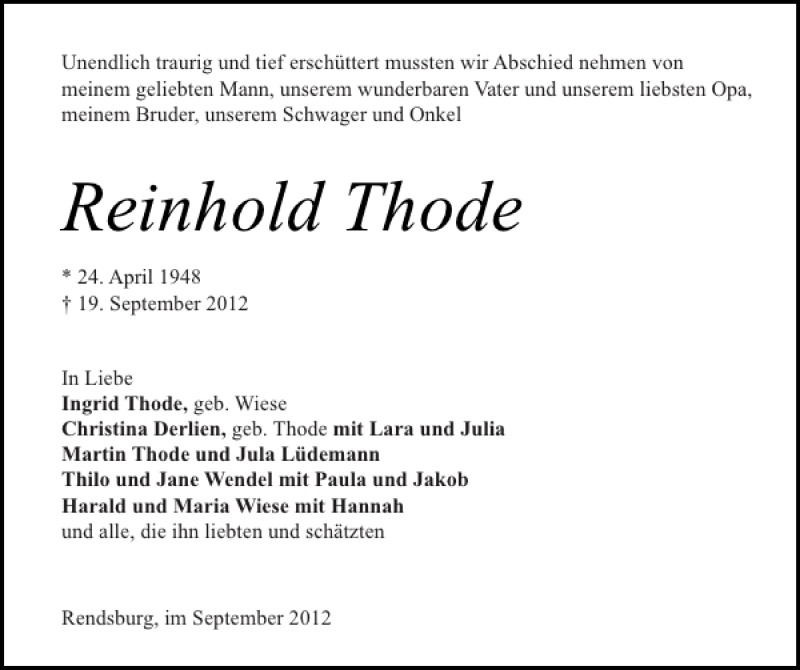  Traueranzeige für Reinhold Thode vom 22.09.2012 aus Landeszeitung