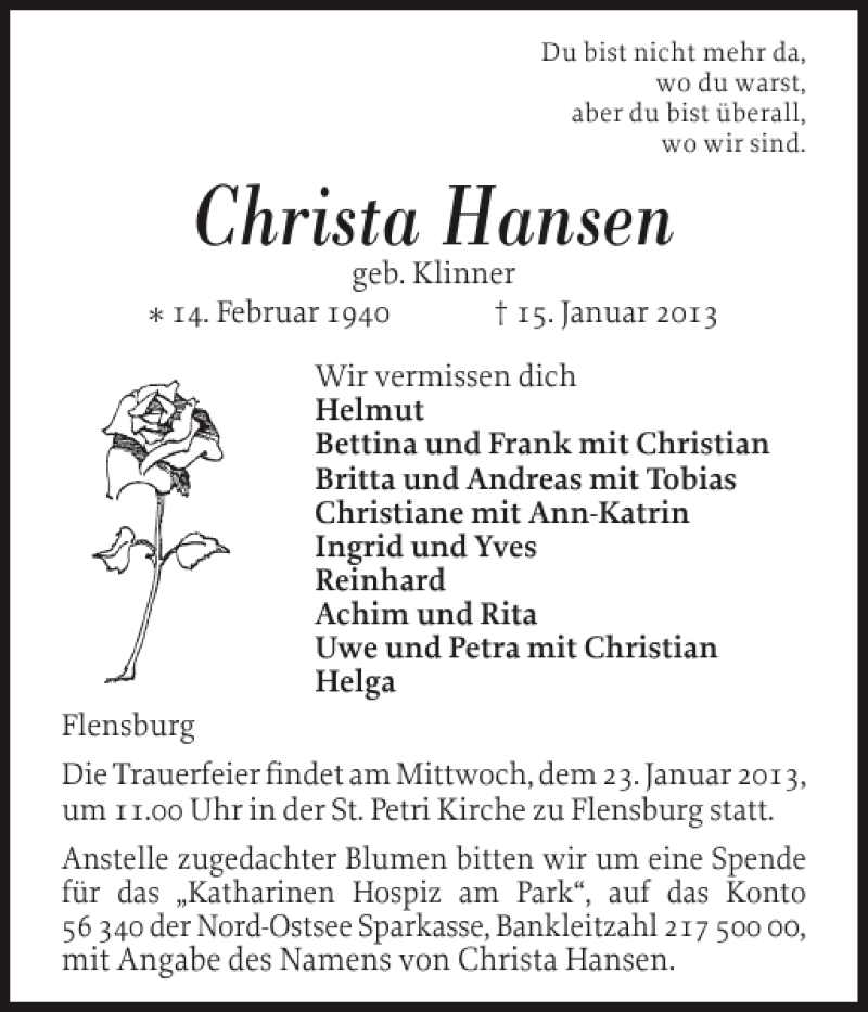  Traueranzeige für Christa Hansen vom 19.01.2013 aus Flensburger Tageblatt