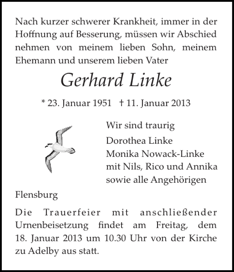  Traueranzeige für Gerhard Linke vom 14.01.2013 aus Flensburger Tageblatt