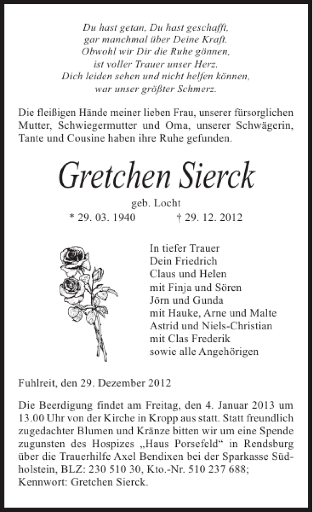  Traueranzeige für Gretchen Sierck vom 03.01.2013 aus Schleswiger Nachrichten