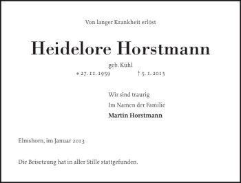 Traueranzeige von Heidelore Horstmann von Elmshorner Nachrichten