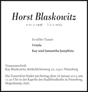 Traueranzeige von Horst Blaskowitz von Pinneberger Tageblatt