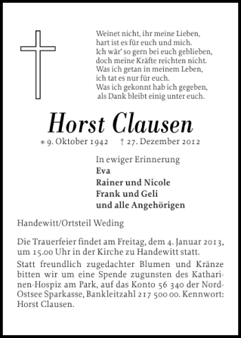 Traueranzeige von Horst Clausen von Flensburger Tageblatt