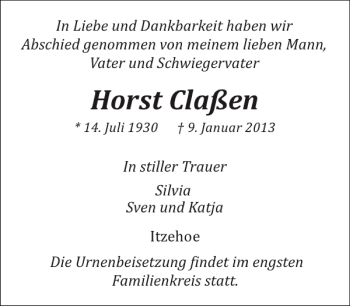 Traueranzeige von Horst Claßen von Norddeutsche Rundschau