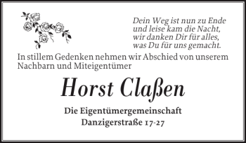Traueranzeige von Horst Claßen von Norddeutsche Rundschau