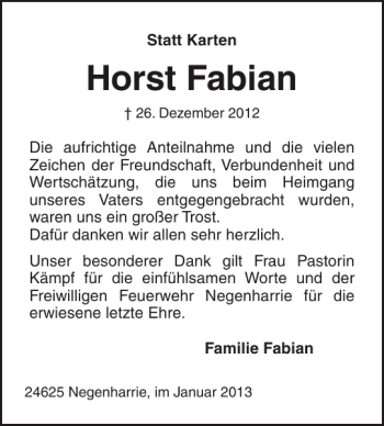 Traueranzeige von Horst Fabian von Holsteinischer Courier