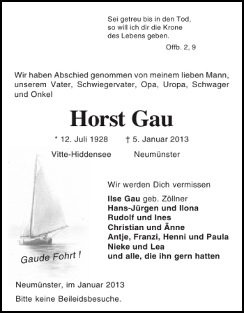 Traueranzeige von Horst Gau von Holsteinischer Courier